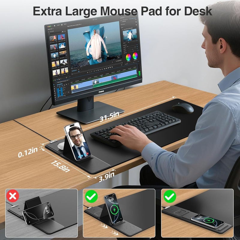 abc.mat Wireless Charging Mouse Pad with Foldable Phone Holder, 31.5"x15.8" Extended Desk Mat for Laptop/Keyboard, Waterproof Ultra-Smooth Surface, Non-Slip Base & 20W PD Adapter, Black - Image 3